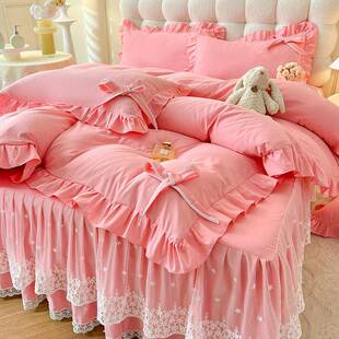 韩202506版公厂主风蝴蝶结用蕾丝花边四件套床单床被套上品家