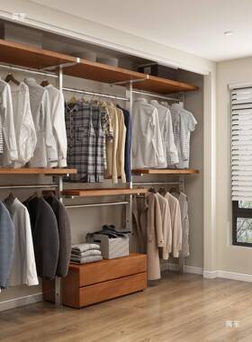 金属衣卧柜家用室简挂易框架开放式落地衣帽间步式实85084入木铁艺衣架