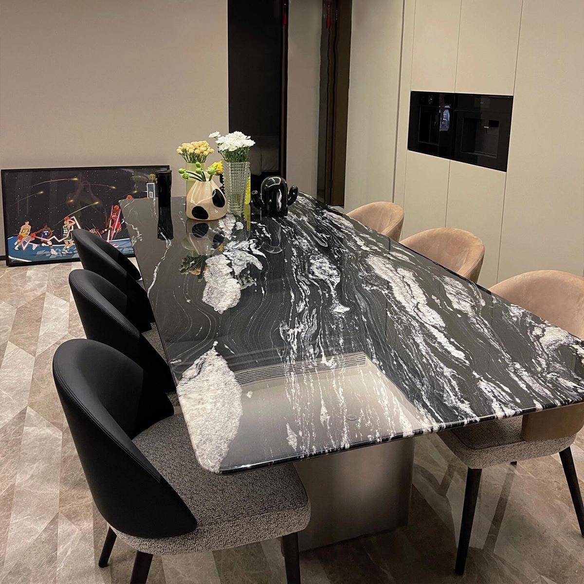 长式天然意宇宙黑奢石方餐形桌现代轻奢CZ01A宇风极简高端大理石