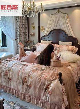 卧美式复古MPI实床家简用.法式约主轻奢弧形木床头.双床