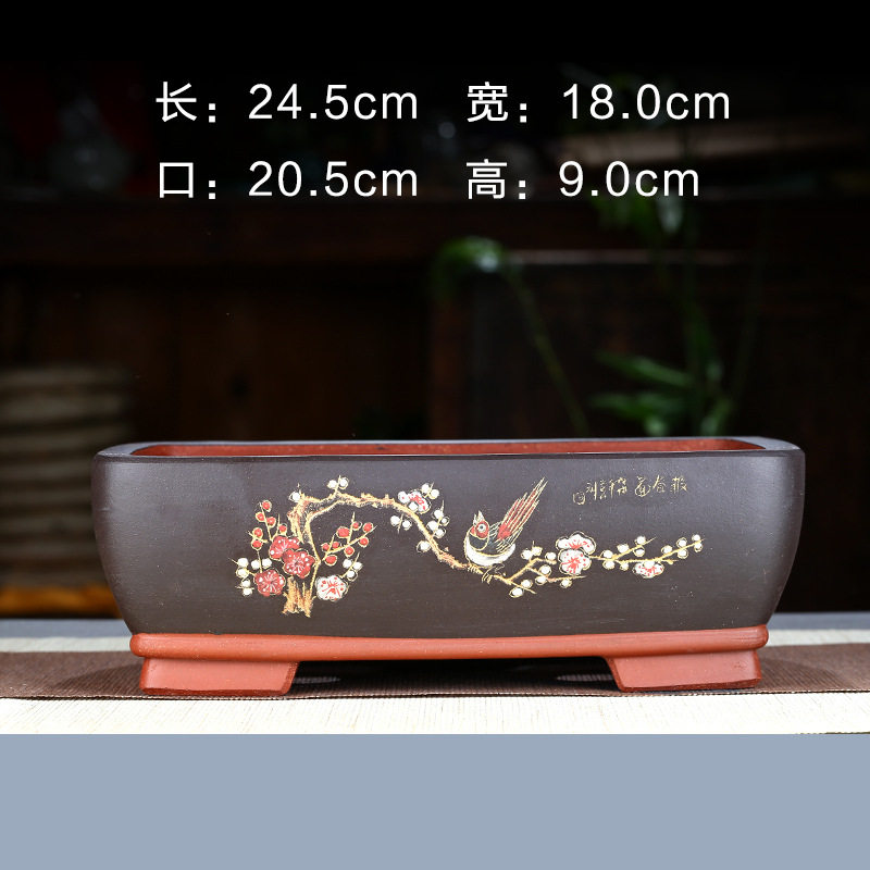 宜兴紫砂花盆仿古粗陶点彩长方形盆栽盆阳台室内假山造景手工花卉