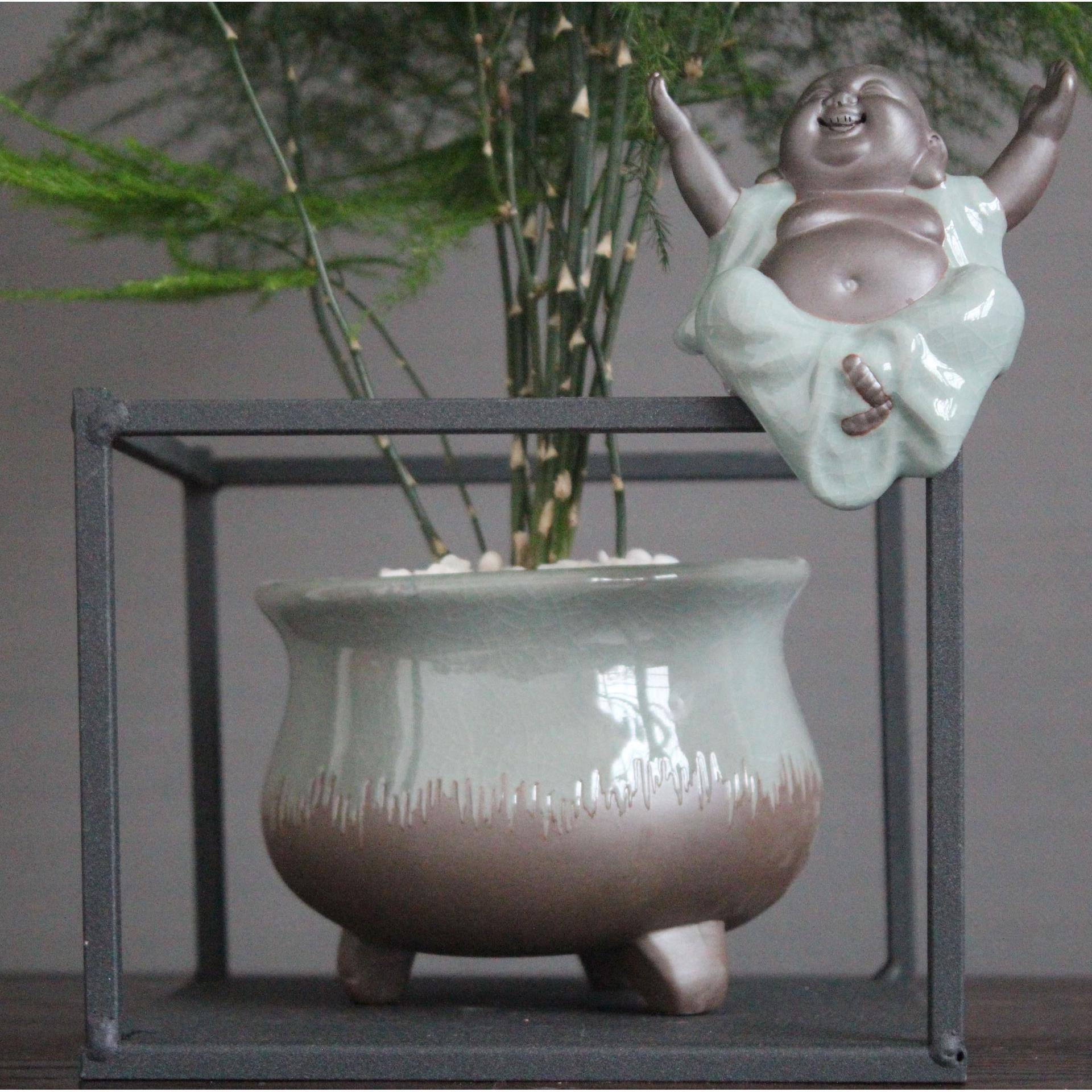 新式陶瓷金展架AQI冰裂花盆室内小盆栽房工艺品中摆件书属绿植