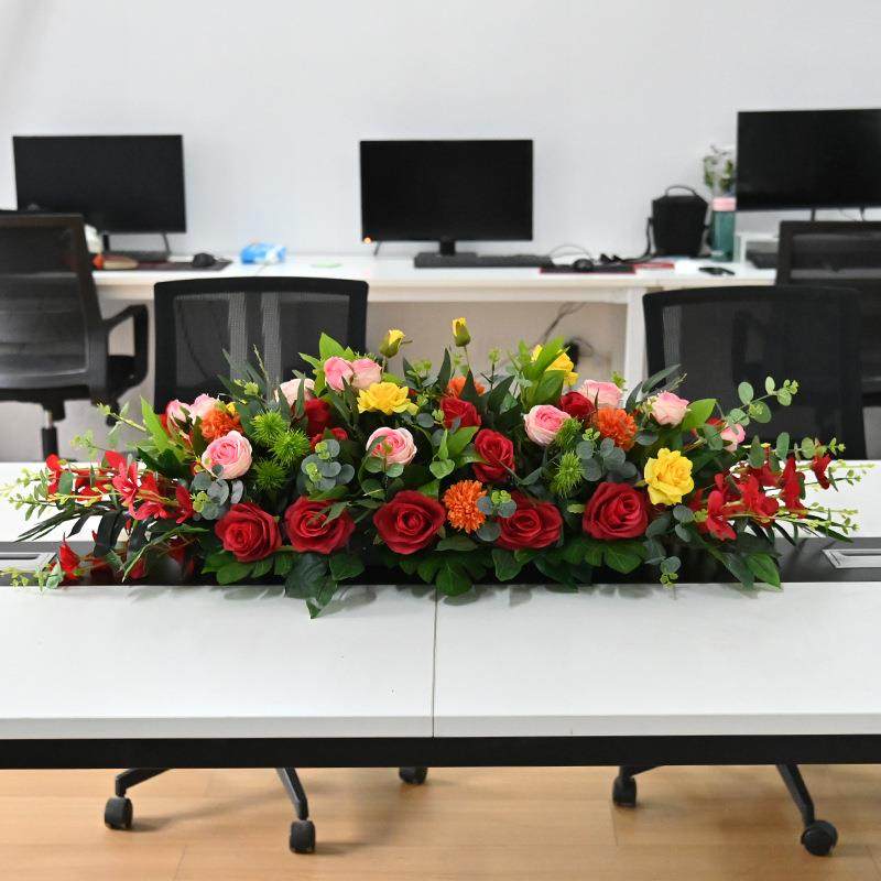 假花真花议高档长形仿大型会桌花商务台无品牌/花办室公会议桌面