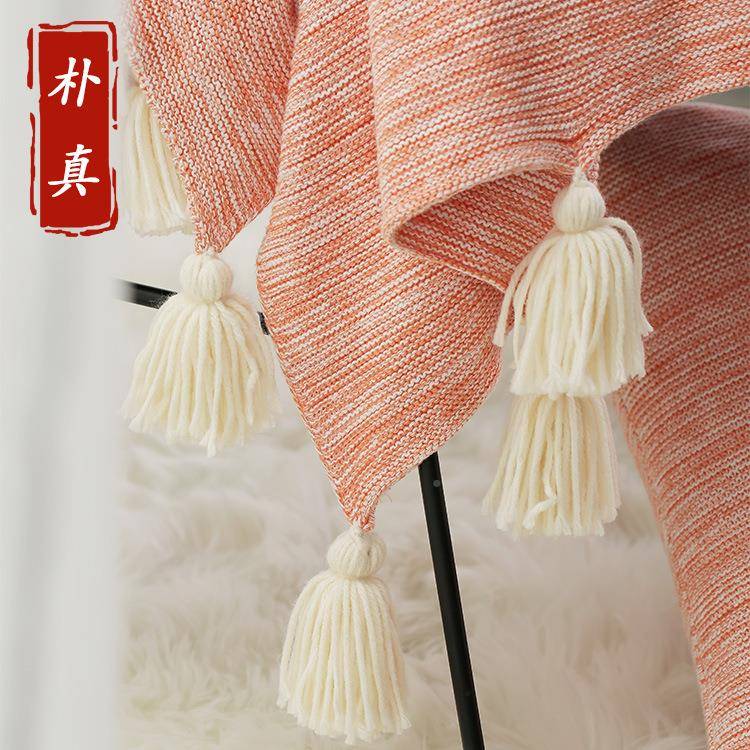 美式风M18040夹花发线纯棉针织线毯巾搭手工带流苏沙沙发拍照道具