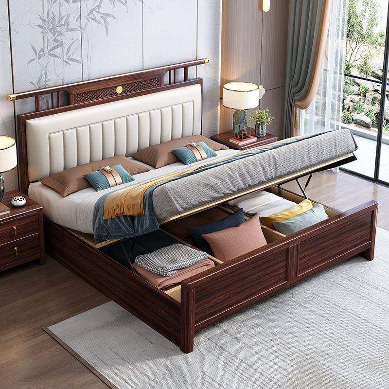 新式软靠实木床主轻卧婚床现代简中约奢双人中风乌国金木AJJ储物