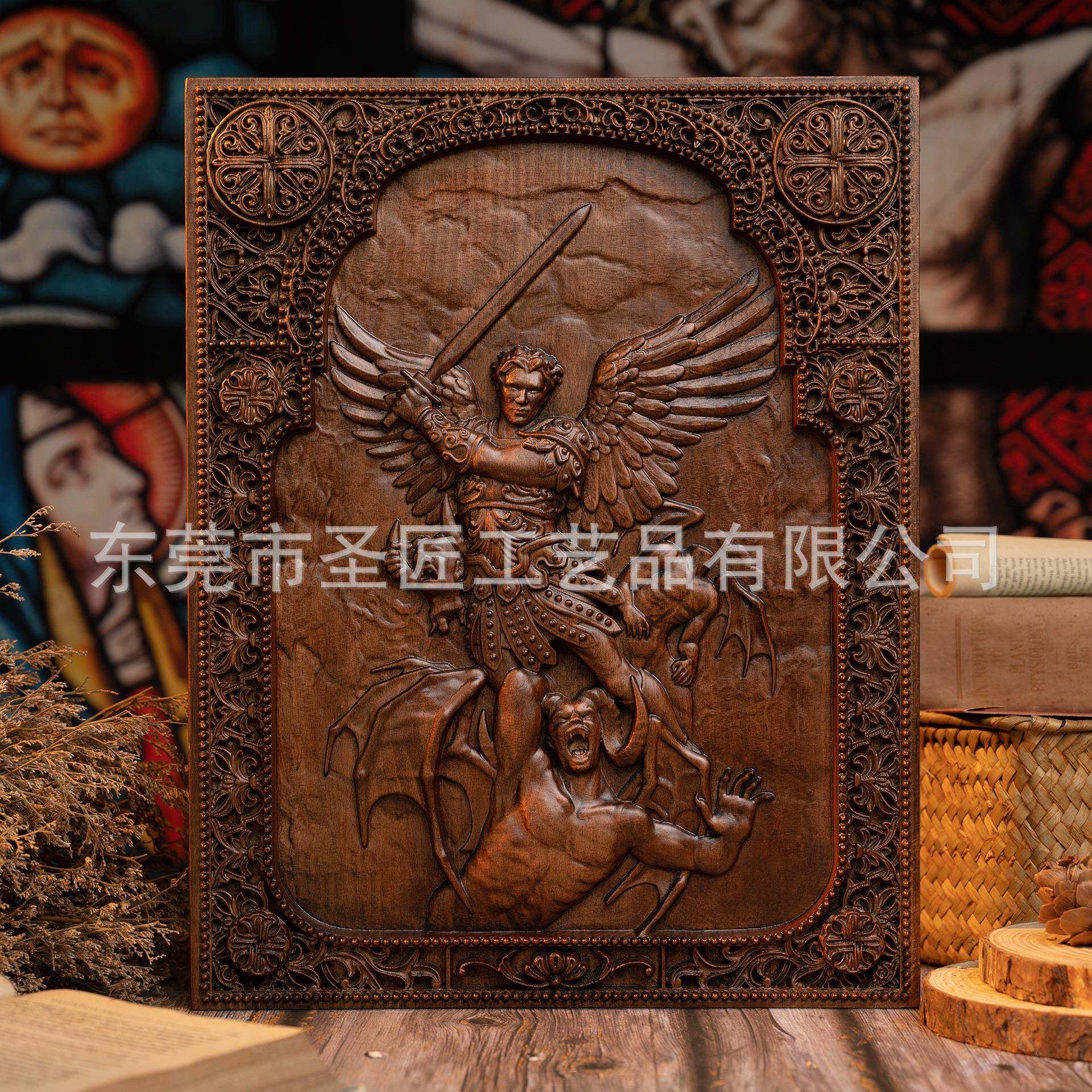 大天圣米迦勒击败撒旦玄浮牌雕匾客厅BGW0085关木雕工艺品摆件使