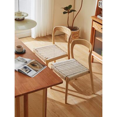 北欧藤编椅子家用绳编餐厅接待洽谈实木餐椅设计师原木靠背书桌椅