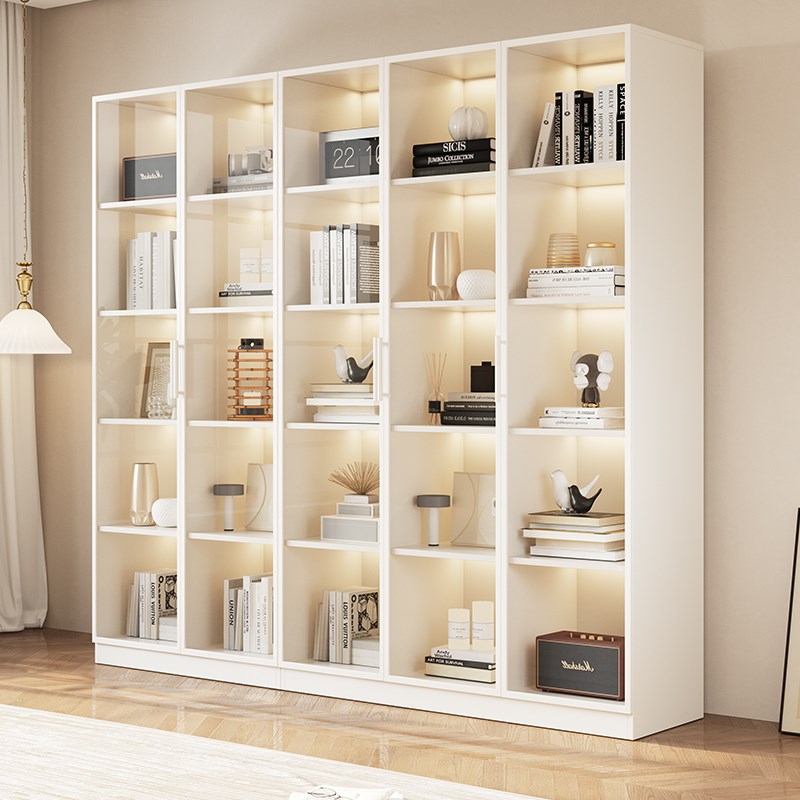 帕美迪实木书柜玻璃门家用书架一体靠墙现代简约客厅定制展示柜子