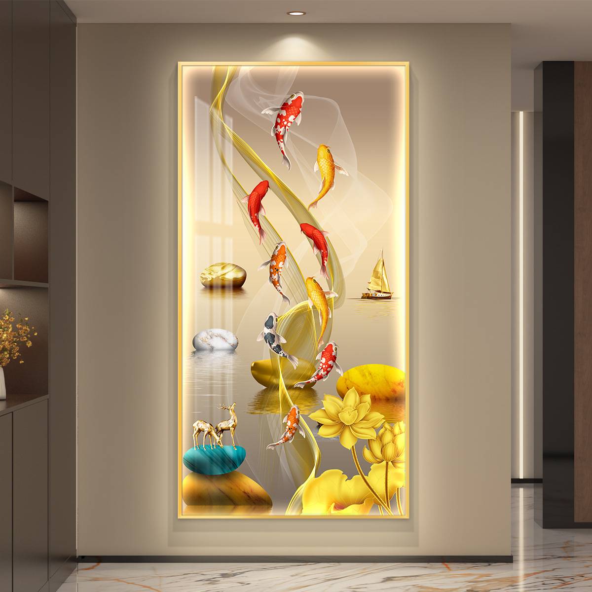 Led 带灯轻奢入户进门九鱼图玄关装饰画挂画壁画竖版走廊简约现代图片