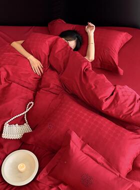 大红色房四件套全棉纯棉SCN床被结婚喜单庆新婚嫁高套档婚长绒棉