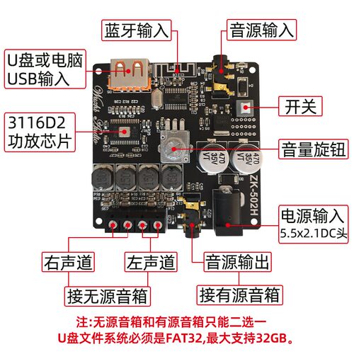 Wuzhi Audio HIFI级2.0立体声蓝牙数字功放板模块TPA3116 50WX2