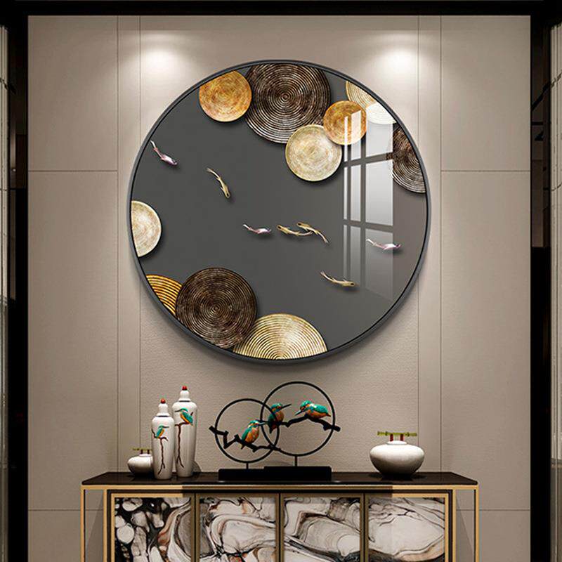 金色年华 新中式轻奢玄关画九鱼图过道走廊装饰画平安招财圆形画