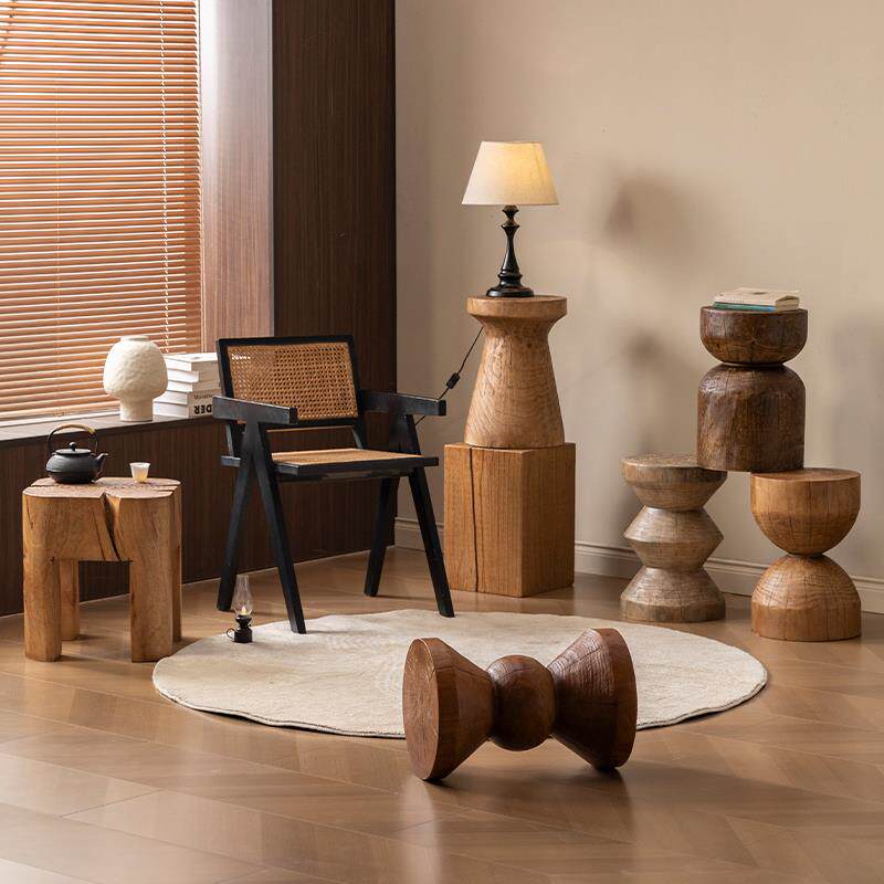 实木墩子原木矮凳子客厅家用边几做旧复古木桩炭烧诧寂风家具