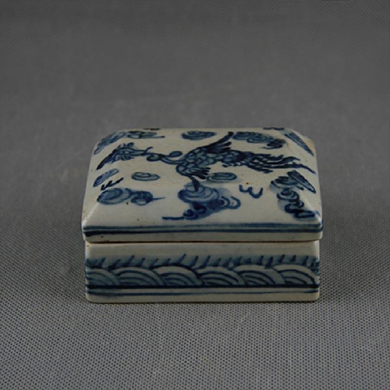 明代手旧工绘古画青花凤纹印泥盒砚台做房家藏仿古瓷JLQ古玩董文