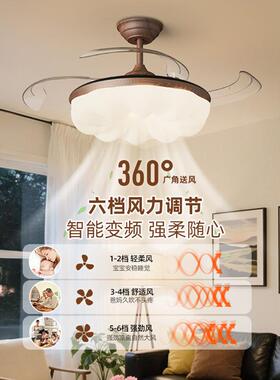中古风扇437灯餐厅卧室古胡桃木色隐形电扇灯客复厅护眼吊扇灯asc