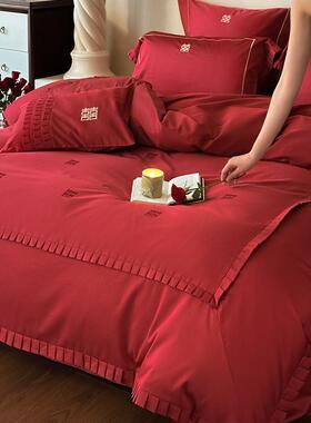 庆轻奢0件0S长绒棉四1套棉F99JS58H质喜字刺绣红色棉质结婚被套婚