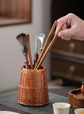 古手工竹编六君子茶筒复大漆针收纳筒笔筒fst24061茶则茶茶夹茶道