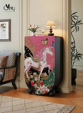 法式古彩绘艺术老虎玄轻奢斗柜边客厅实木置物收纳柜关柜卧YQJ复