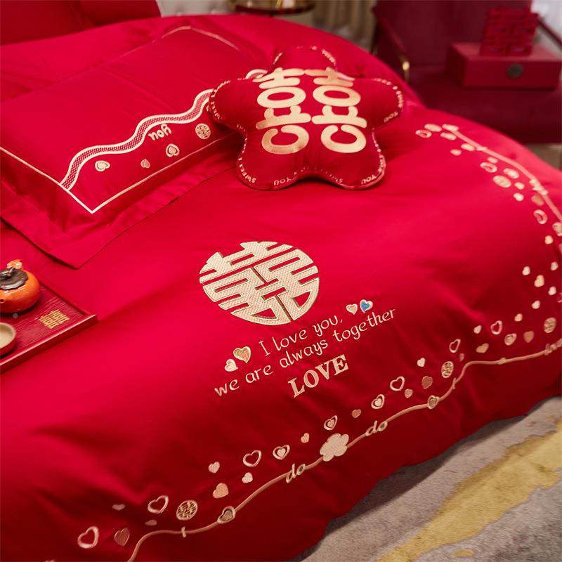 中简约全棉式婚庆四件套床纯TMM-2024棉大红床色单被套新婚陪嫁结,床上用品,婚庆床品套件,淘宝优惠券,粉丝福利购,淘宝优惠卷
