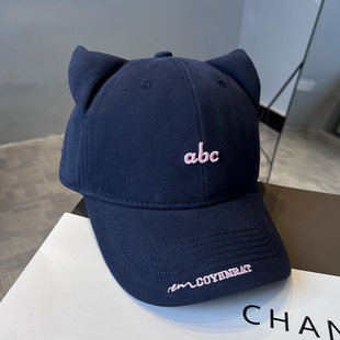 字母棒球帽大头围帽子女显脸小深顶刺绣可爱猫耳朵鸭舌帽遮阳帽