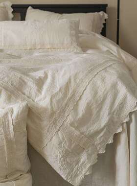 优雅棉麻复古公主白色绣花荷叶花边床笠款法式纯色四件套床上用品