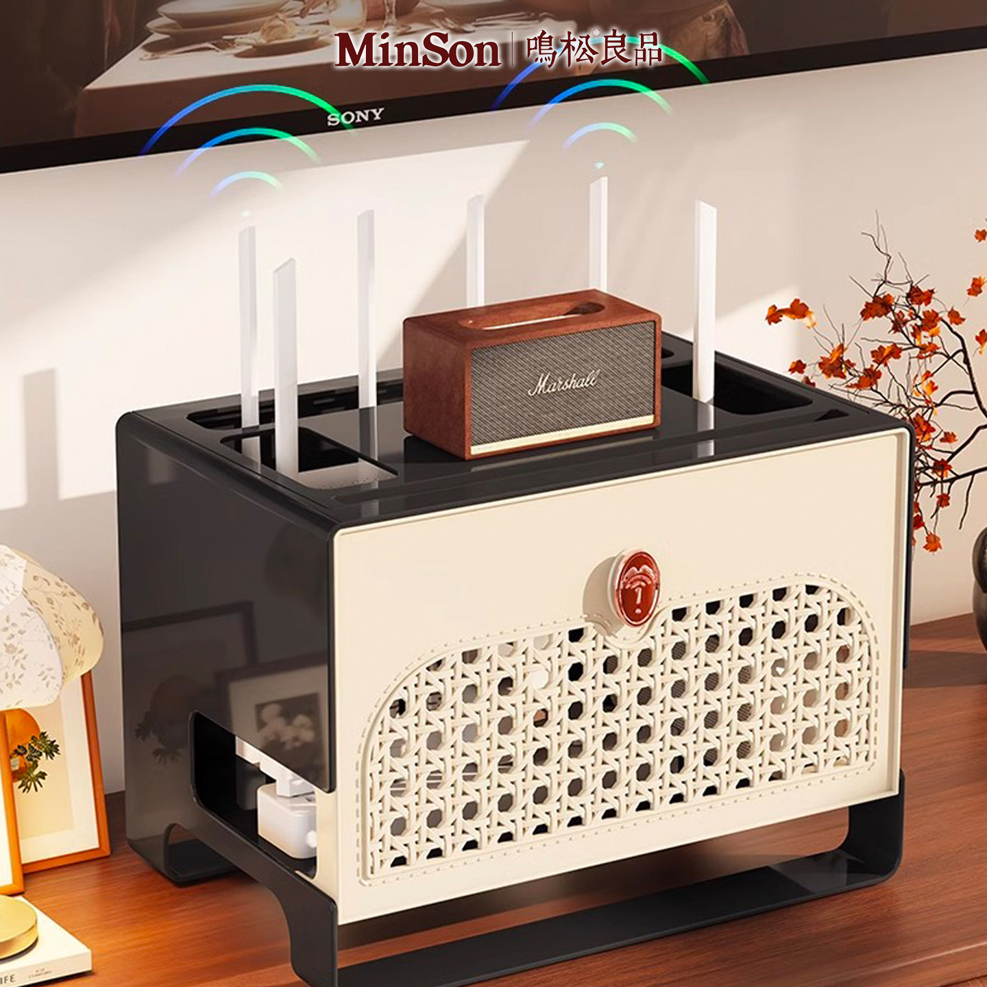 日本排插路由器收纳盒顶盒置物隐藏电线中古风遮丑收纳装饰盒子