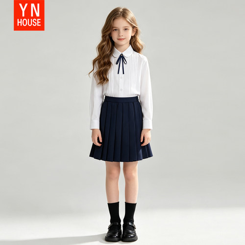 女童白色衬衫学院风套装小女孩短袖长袖衬衣百褶裙两件套儿童礼服