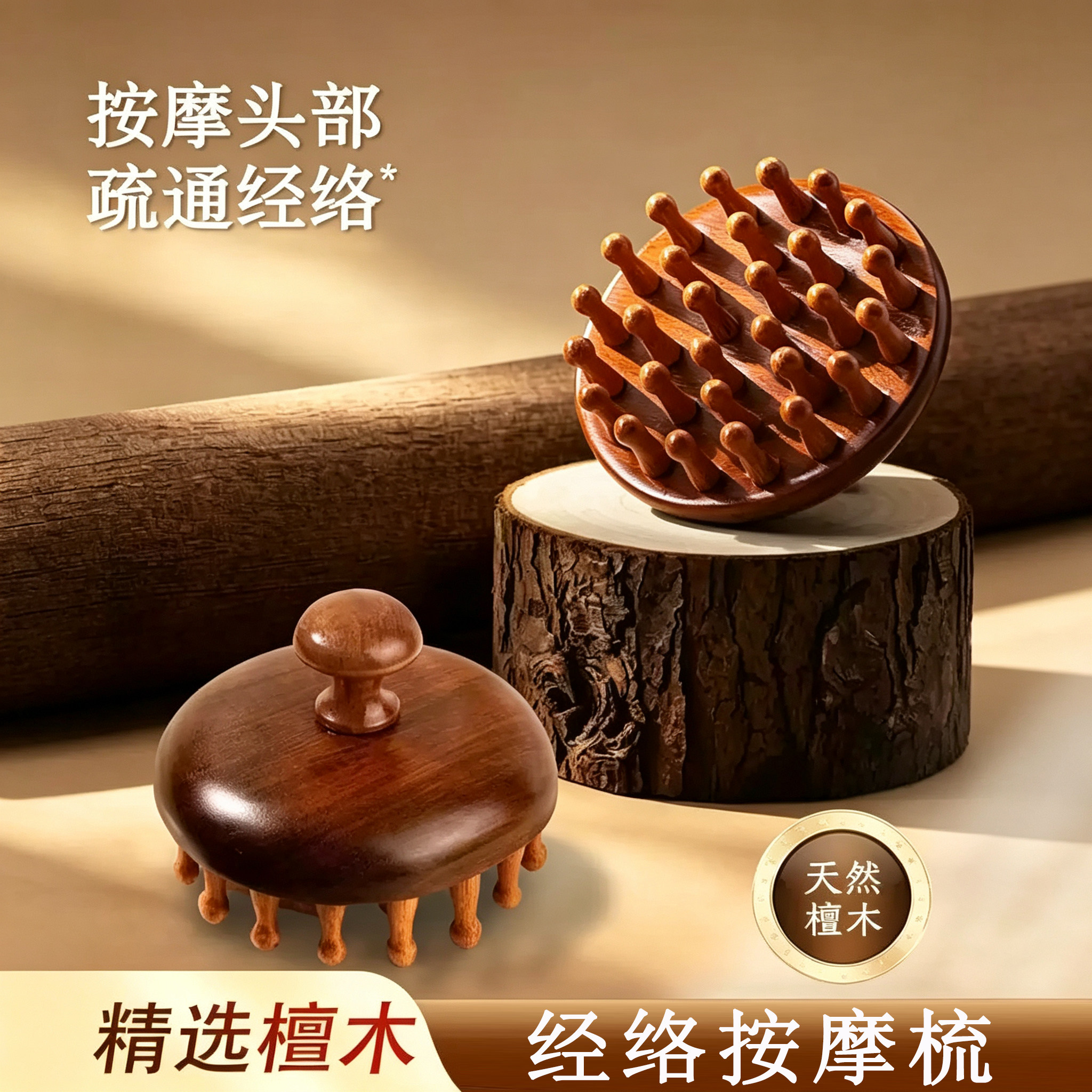 檀木圆盘按摩梳头部头皮经络梳毛囊梳头神器便携梳子女士官方正品图片