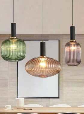北欧创意吧台餐厅吊灯个性简约条纹灯笼吊灯单头烤漆绿色 玻璃吊