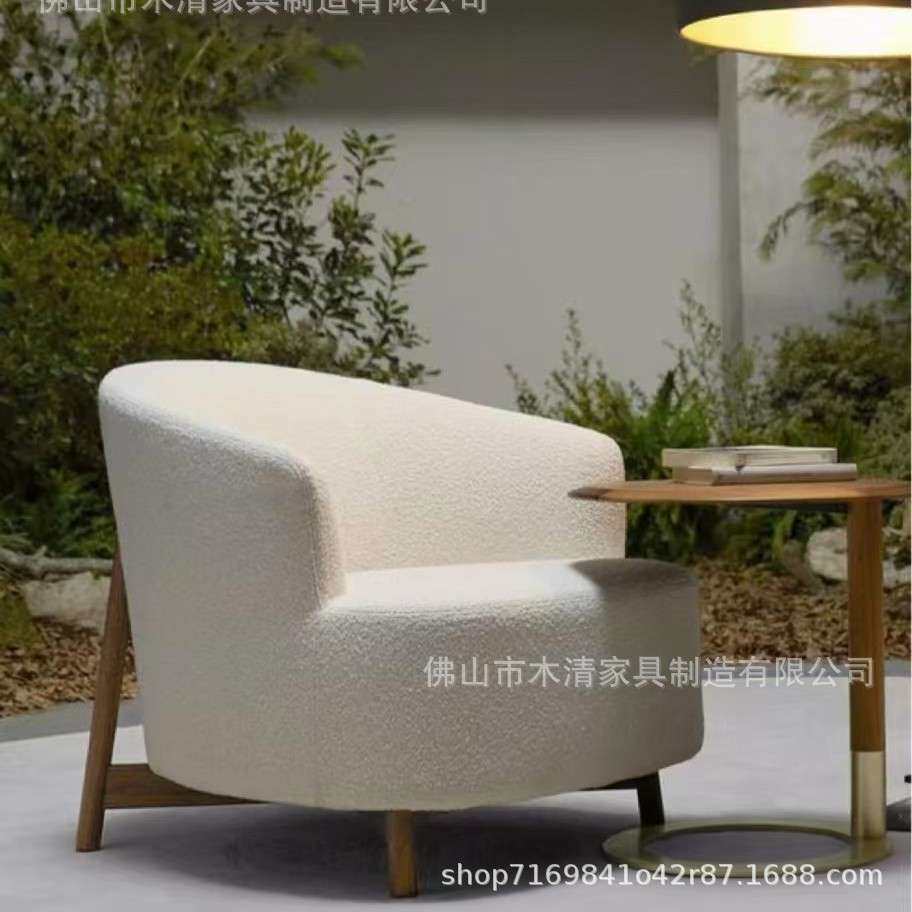 北欧简约客厅阳台民宿休闲实木U型白色白蜡木布艺单人沙发椅