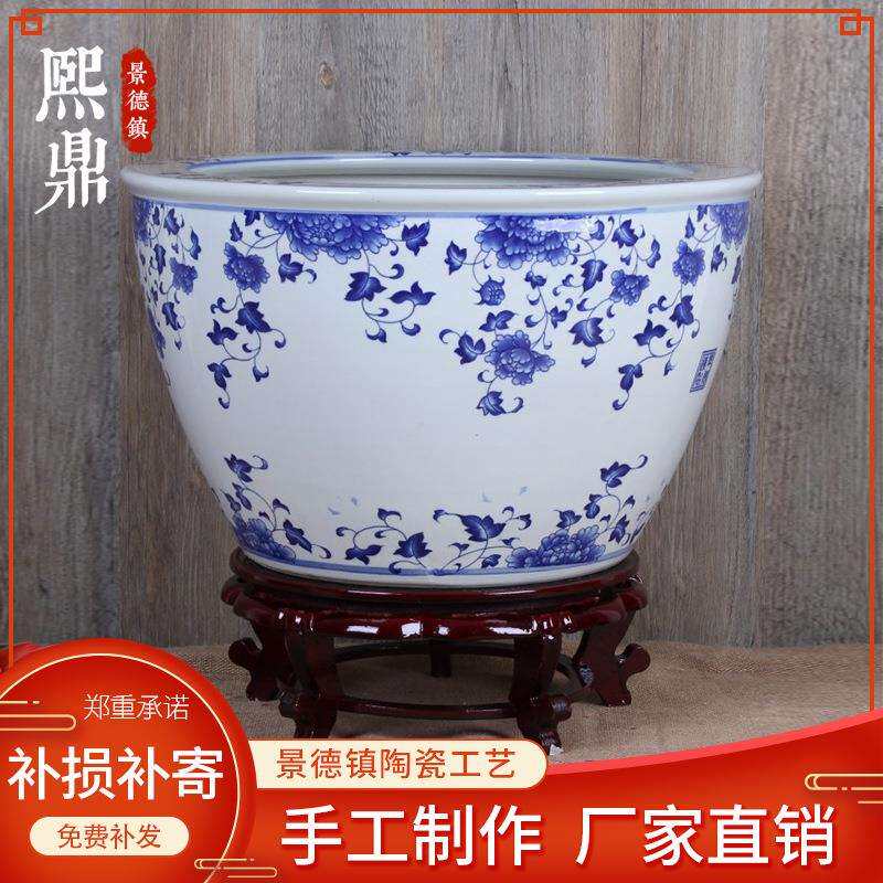 景德镇陶瓷鱼缸 青瓷牡丹花平口陶瓷缸 卷轴书画缸工艺品装饰