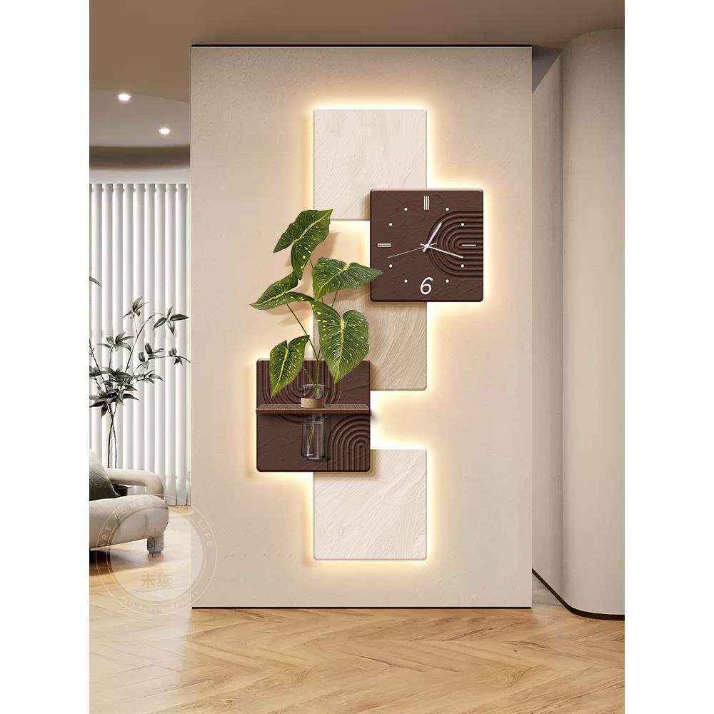 现代简约水培绿植玄关装饰画带灯立体过道正对门钟表走廊壁灯挂画