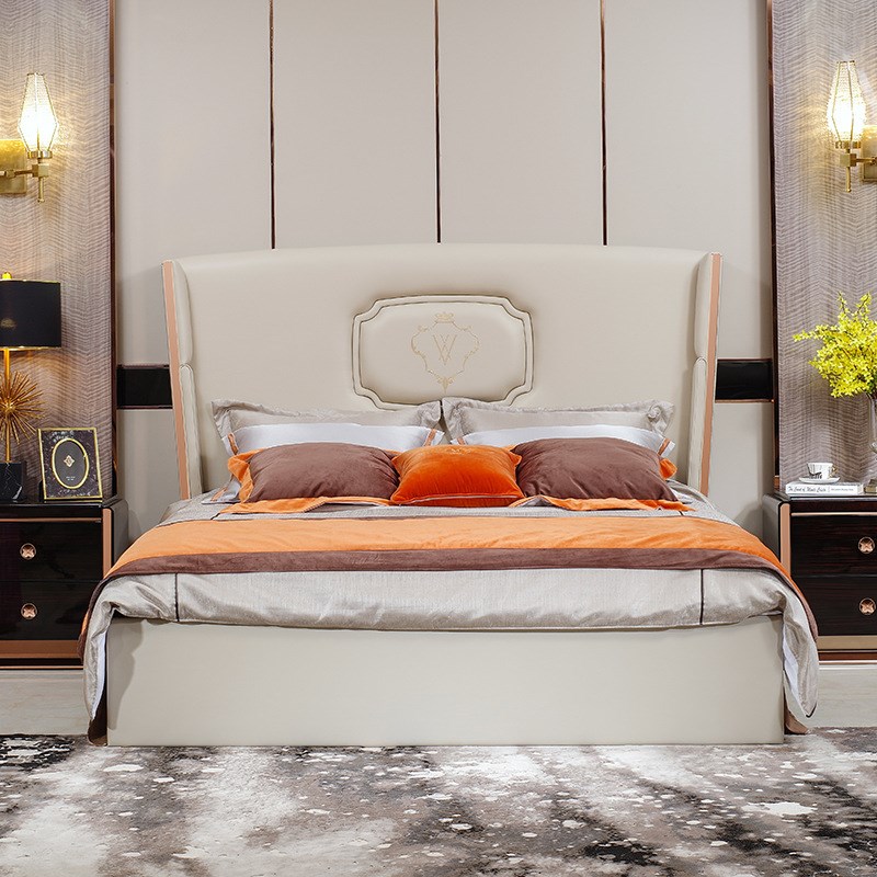 意式轻奢红榉木床 双人主卧简约时尚软包床 实木家用后现代单人床