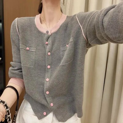 长袖针织毛衣女时尚撞色拼接