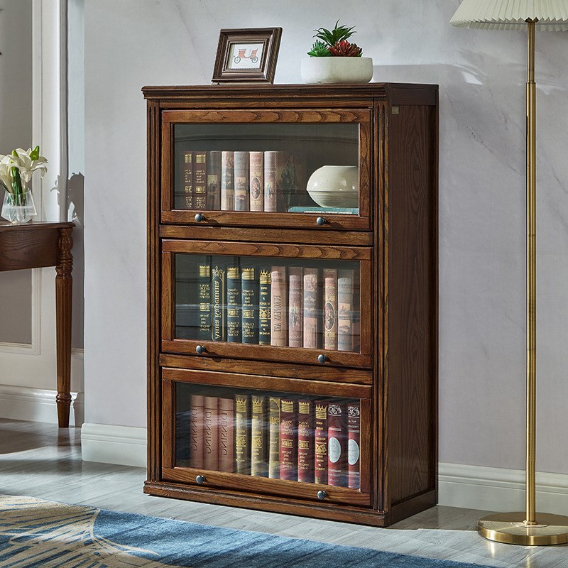 美式实木书柜客厅落地书架防尘玻璃门装饰柜靠墙一体储物柜