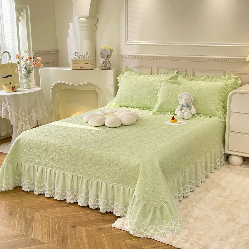 新款亲肤棉韩式双层蕾丝花边床盖四件套加棉单床盖花边三件套床上