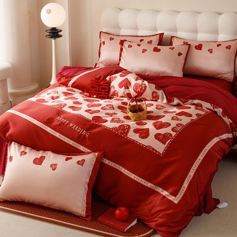 新款高端婚庆四件套中式新婚床单被套大红色结婚房床上用品大喜事