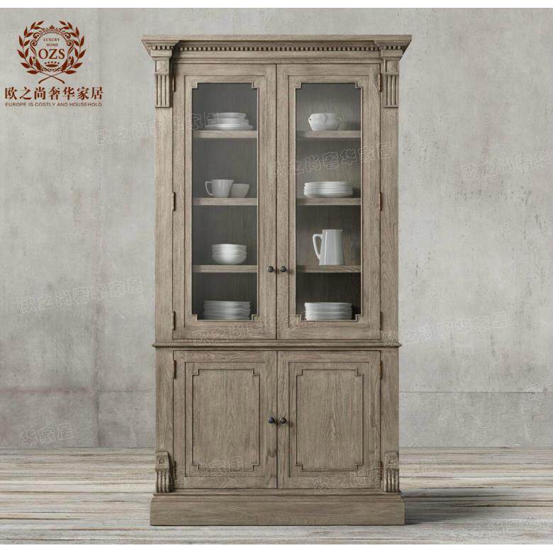 法式乡村美式实木餐边柜 双开门橱柜 橡木书柜书橱做旧仿古展示柜