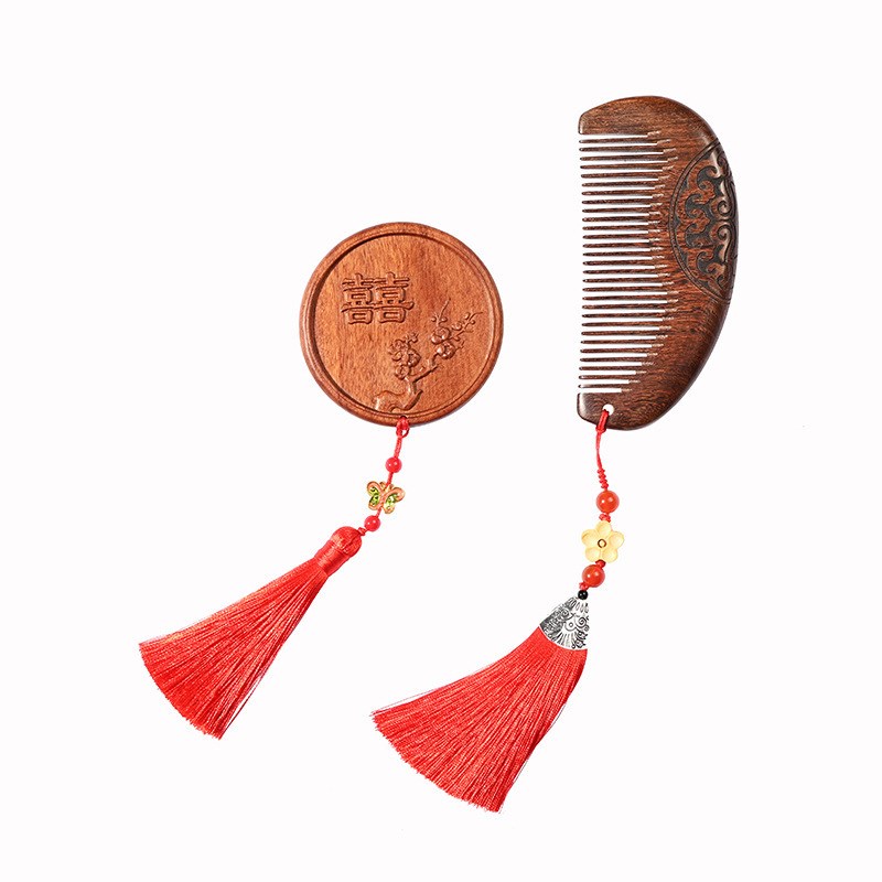 檀木梳喜梳陪嫁嫁妆送礼一对梳 檀木梳木质镜子婚庆套装 结婚礼品