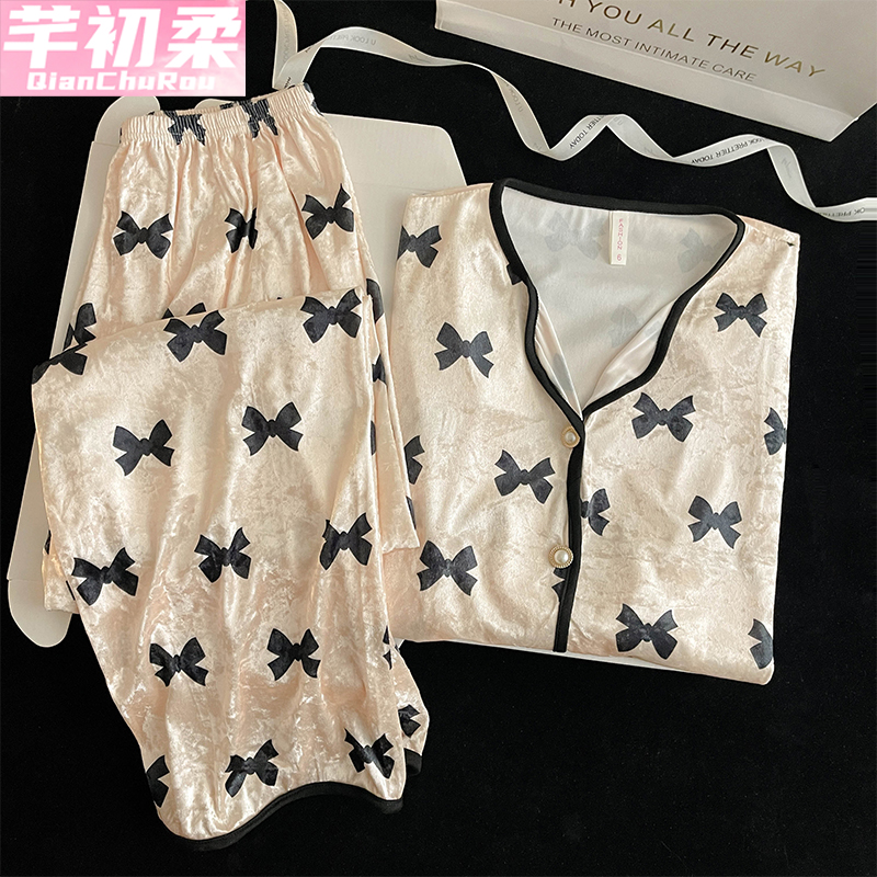 金丝绒公主开衫女睡衣套装