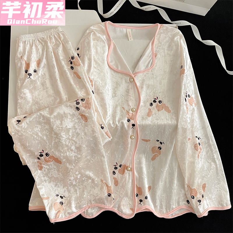 金丝绒公主开衫女睡衣套装