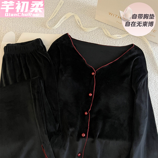 两件套新款 开衫 网红风性感家居服 海岛绒长袖 带胸垫睡衣女春秋冬季