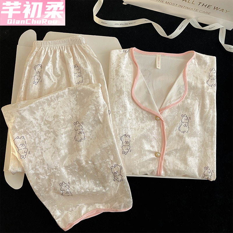 金丝绒公主开衫女睡衣套装