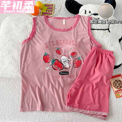夏季睡衣女带胸垫无袖卡通背心