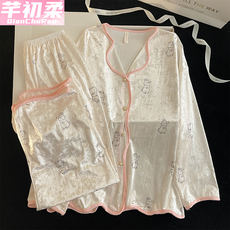 金丝绒公主开衫女睡衣套装