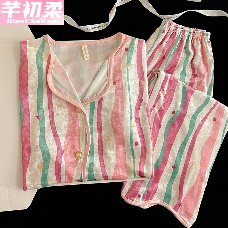 金丝绒公主开衫女睡衣套装