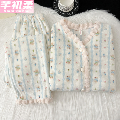 法兰绒睡衣女新款冬季珊瑚绒绿色