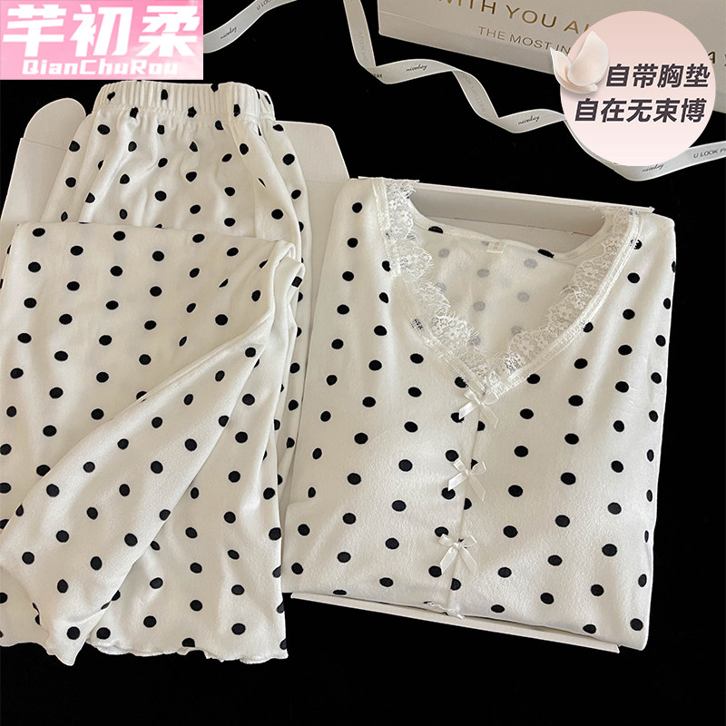 海岛绒睡衣女春秋冬季长袖花边性感网红风带胸垫薄绒家居服两件套,女士内衣/男士内衣/家居服,睡衣/家居服套装,淘宝优惠券,粉丝福利购,淘宝优惠卷