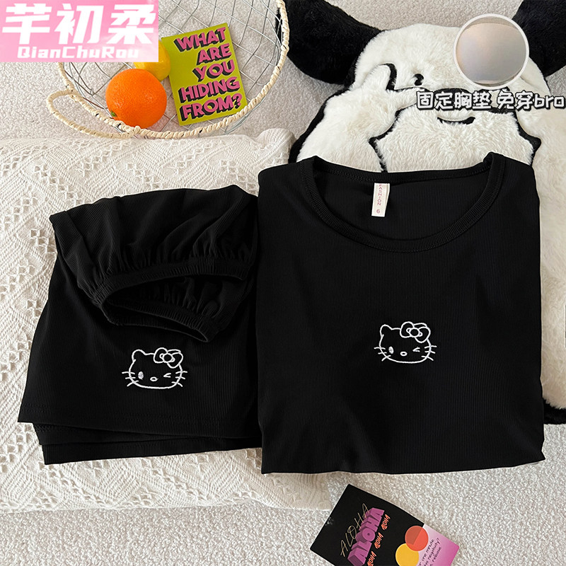 带胸垫睡衣女夏季短袖短裤套装卡通甜美冰丝螺纹莫代尔凉感家居服,女士内衣/男士内衣/家居服,睡衣/家居服套装,淘宝优惠券,粉丝福利购,淘宝优惠卷