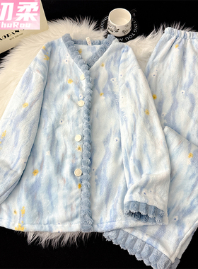 法兰绒睡衣女新款冬季珊瑚绒绿色加绒加厚保暖长袖开衫家居服套装